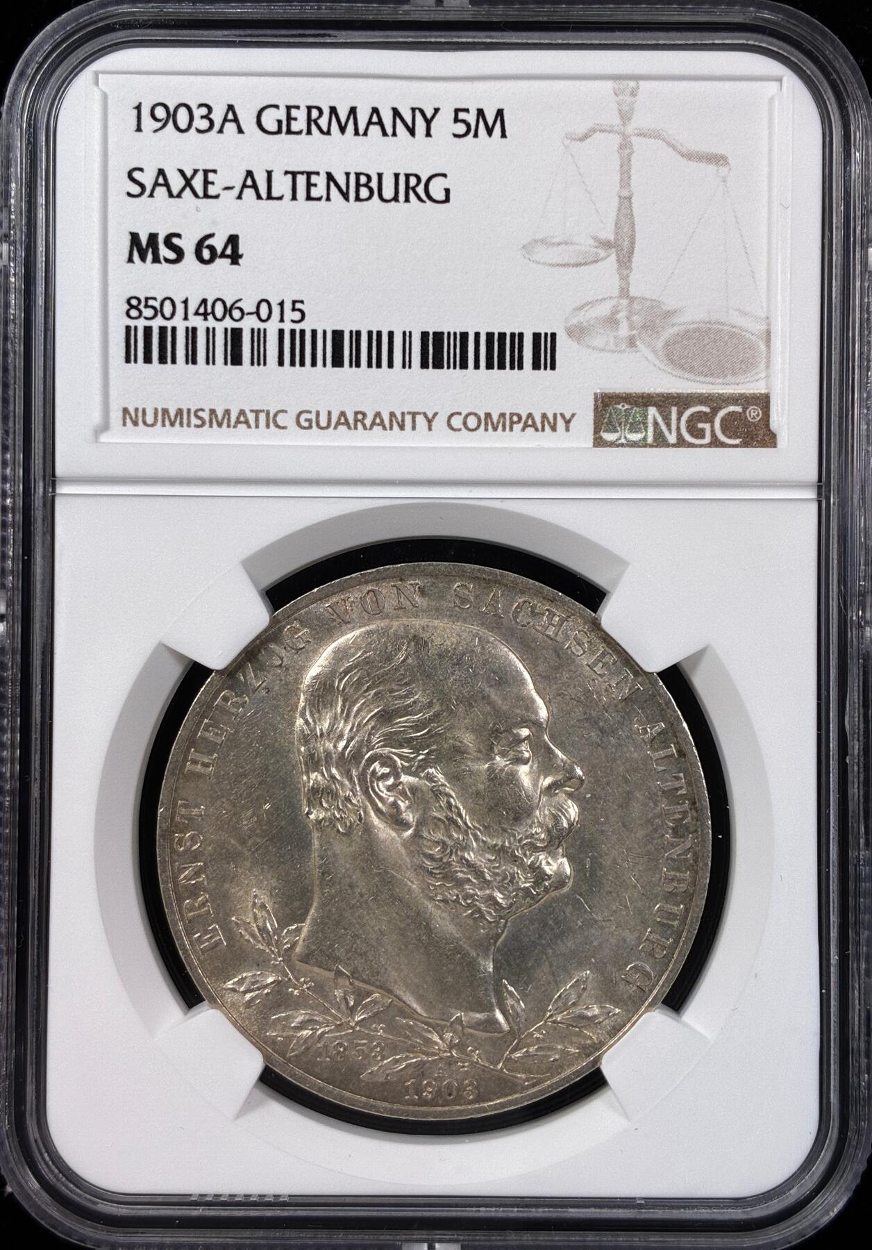 【雨安】【直播拍卖】【世界币章121期-评级币】2025-12-20 周六 19:30 保真 [评级德国] Germany 德国 帝国 萨克森-阿尔滕堡 5马克 (1903) 登基50周年 1903年  NGC-MS64