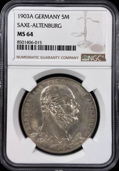 【雨安】【直播拍卖】【世界币章121期-评级币】2025-12-20 周六 19:30 保真 - [评级德国] Germany 德国 帝国 萨克森-阿尔滕堡 5马克 (1903) 登基50周年 1903年  NGC-MS64