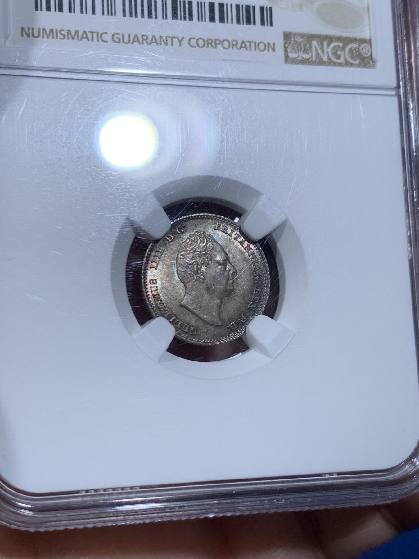 《竞宝斋》第447场 周日，周一，2场连拍 （全场包邮） NGC MS64 英国 1836年 威廉四世 4便士银币 深彩包浆 转光明显