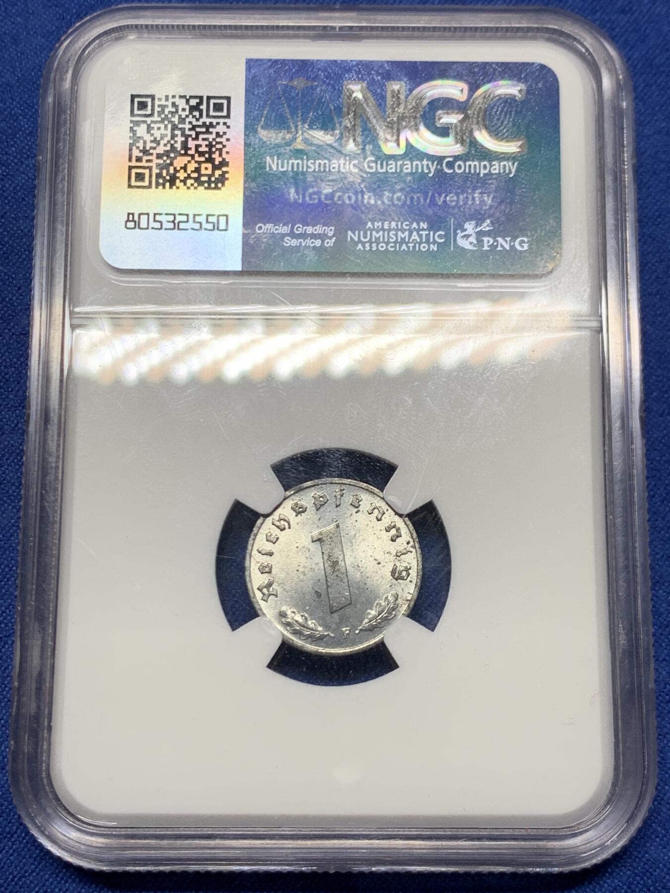 《竞宝斋》第447场 周日，周一，2场连拍 （全场包邮） NGC MS64 德国 1943F 1芬妮 经典小锌币 保存到如此品相不容易 值得入手