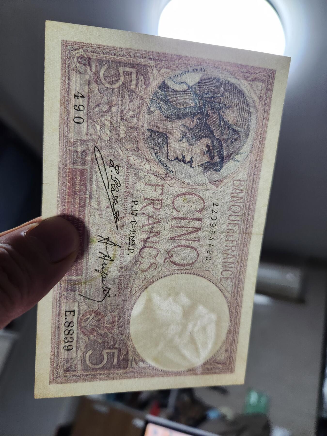 12月13号晚上8点 外国纸币自动截拍第72场 1922年5法郎 极美品 早期稀少