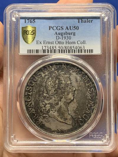 《竞宝斋》第447场 周日，周一，2场连拍 （全场包邮） - PCGS AU50 德国1765年奥格斯堡1泰勒银币，老彩细节好，少见版。