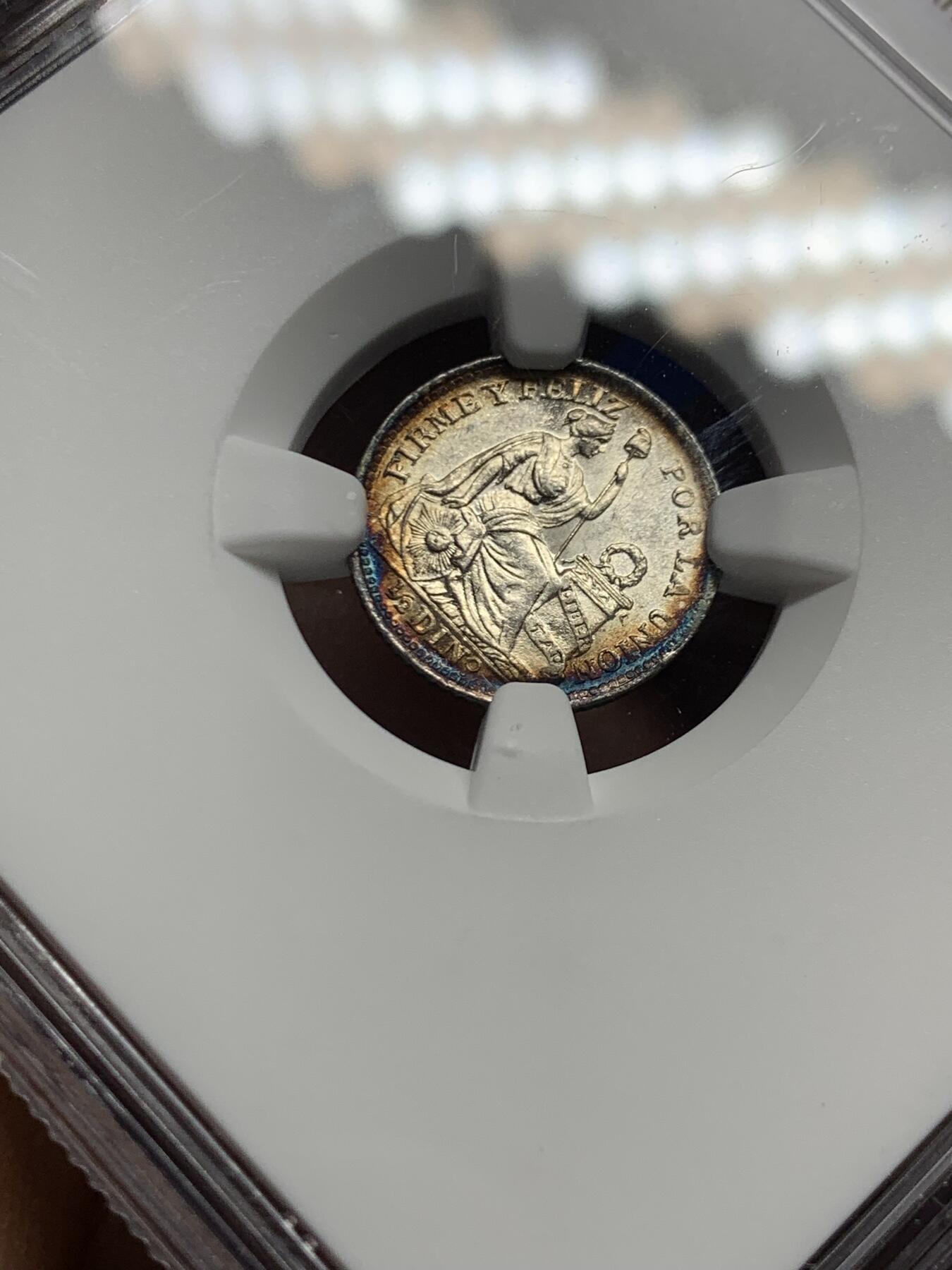 《竞宝斋》第447场 周日，周一，2场连拍 （全场包邮） NGC MS63 秘鲁1911年1/2蒂娜罗银币，早期年份，镜面感加深蓝月牙彩，宝石般的感觉