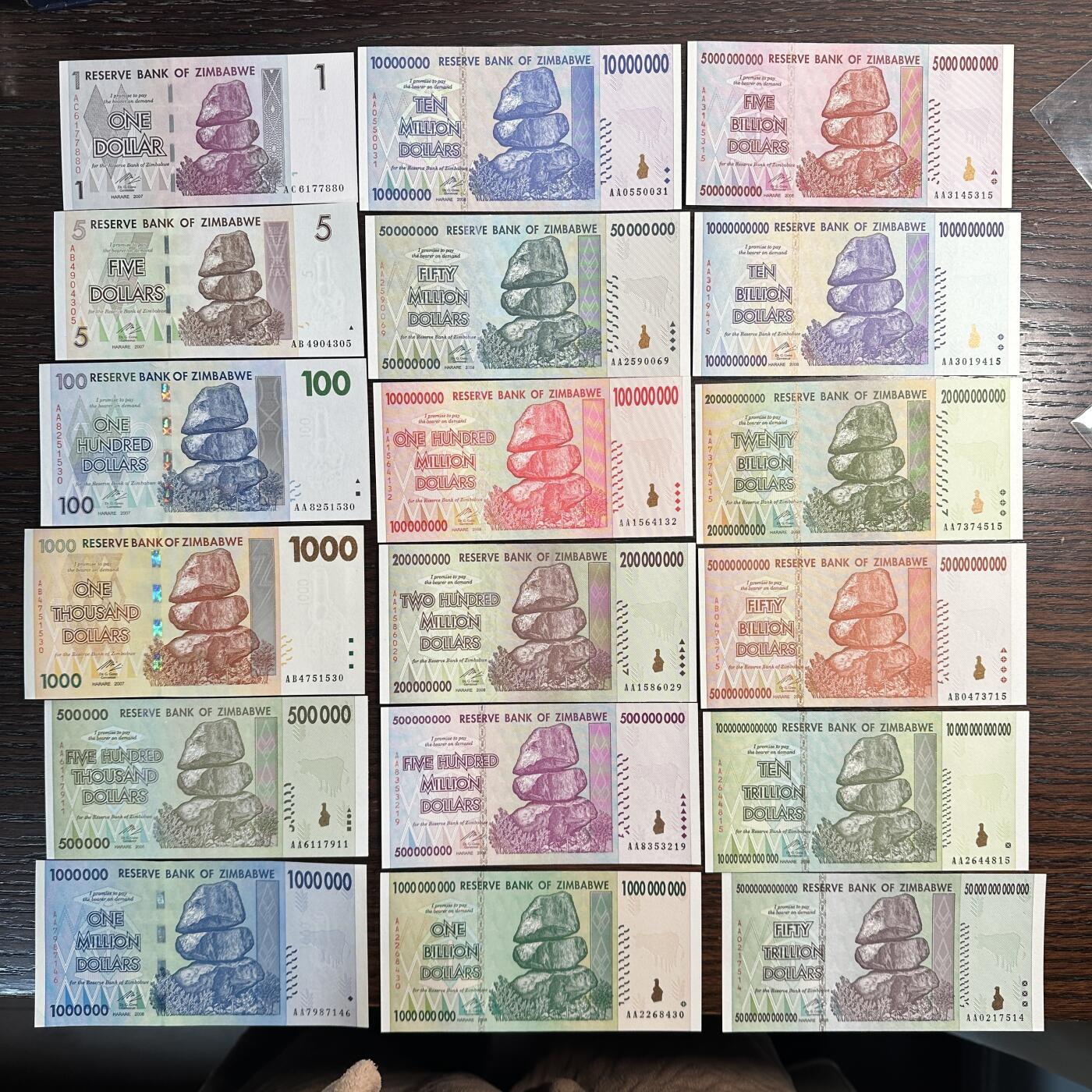 蒂克钱币-第51场 外国平价纸币最后一场 津巴布韦通货膨胀时期 纸币 一组 全新（有月牙痕）