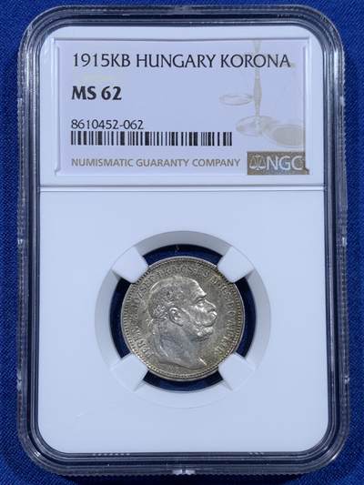 《竞宝斋》第447场 周日，周一，2场连拍 （全场包邮） - NGC MS62 匈牙利1915年1科罗娜银币，全币五彩状态，少见的匈牙利版，难得的好状态
