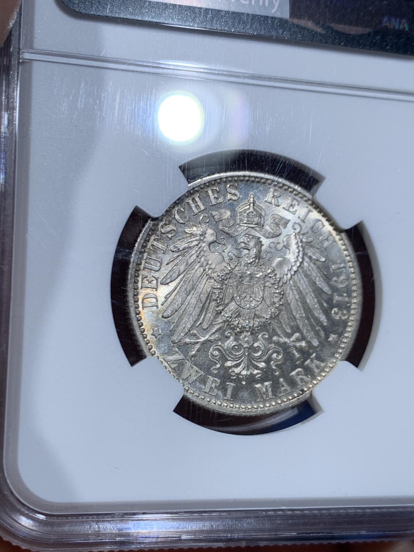 《竞宝斋》第447场 周日，周一，2场连拍 （全场包邮） NGC MS64  德国 1913F 符腾堡威廉二世长翅流通2马克银币 PL底板 转光犀利