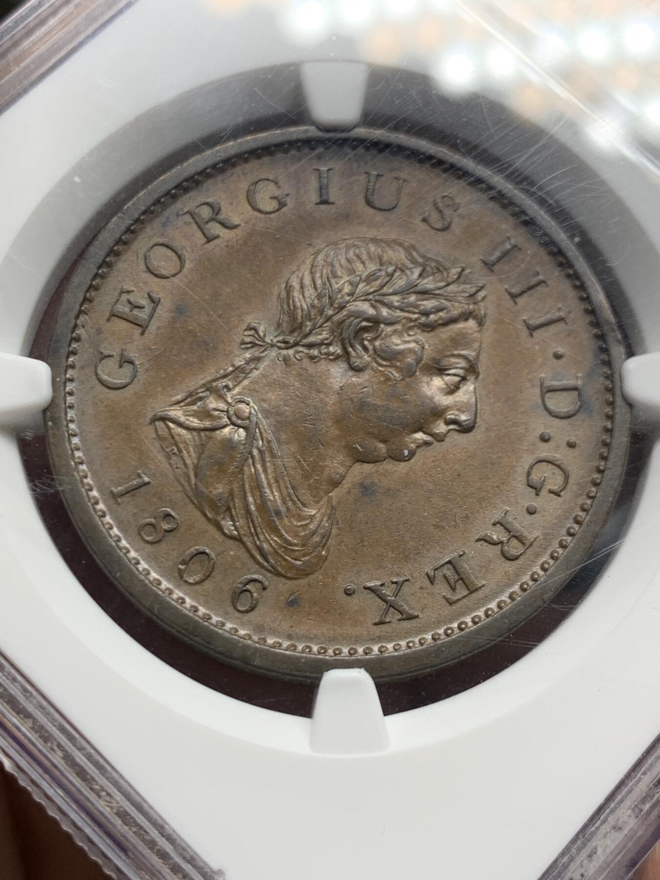 《竞宝斋》第447场 周日，周一，2场连拍 （全场包邮） NGC MS63BN 英国1806乔三1便士大铜，SOHO铸造的经典款，温润厚重的巧克力色光泽，代表了铜币最理想的保存状态。