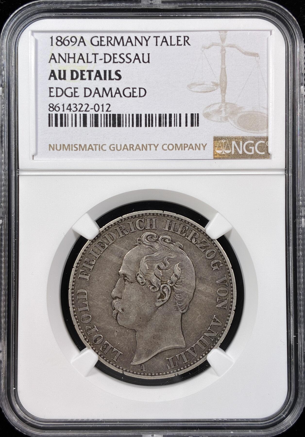 【雨安】【直播拍卖】【世界币章121期-评级币】2025-12-20 周六 19:30 保真 [评级德国] Germany 德国 德意志 1泰勒 Anhalt-Dessau安哈特 Thun.010 KM#0020 (1866-1869) 双熊 1869年  NGC-AU