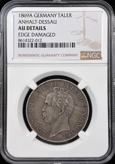 【雨安】【直播拍卖】【世界币章121期-评级币】2025-12-20 周六 19:30 保真 - [评级德国] Germany 德国 德意志 1泰勒 Anhalt-Dessau安哈特 Thun.010 KM#0020 (1866-1869) 双熊 1869年  NGC-AU