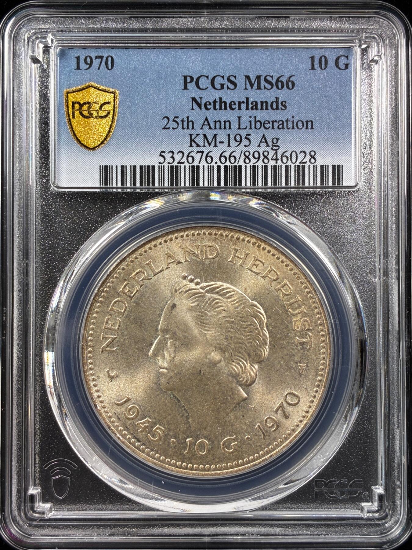 【雨安】【直播拍卖】【世界币章121期-评级币】2025-12-20 周六 19:30 保真 [评级现代] Netherlands 荷兰 王国 10盾 1970年 独立25周年  PCGS-MS66