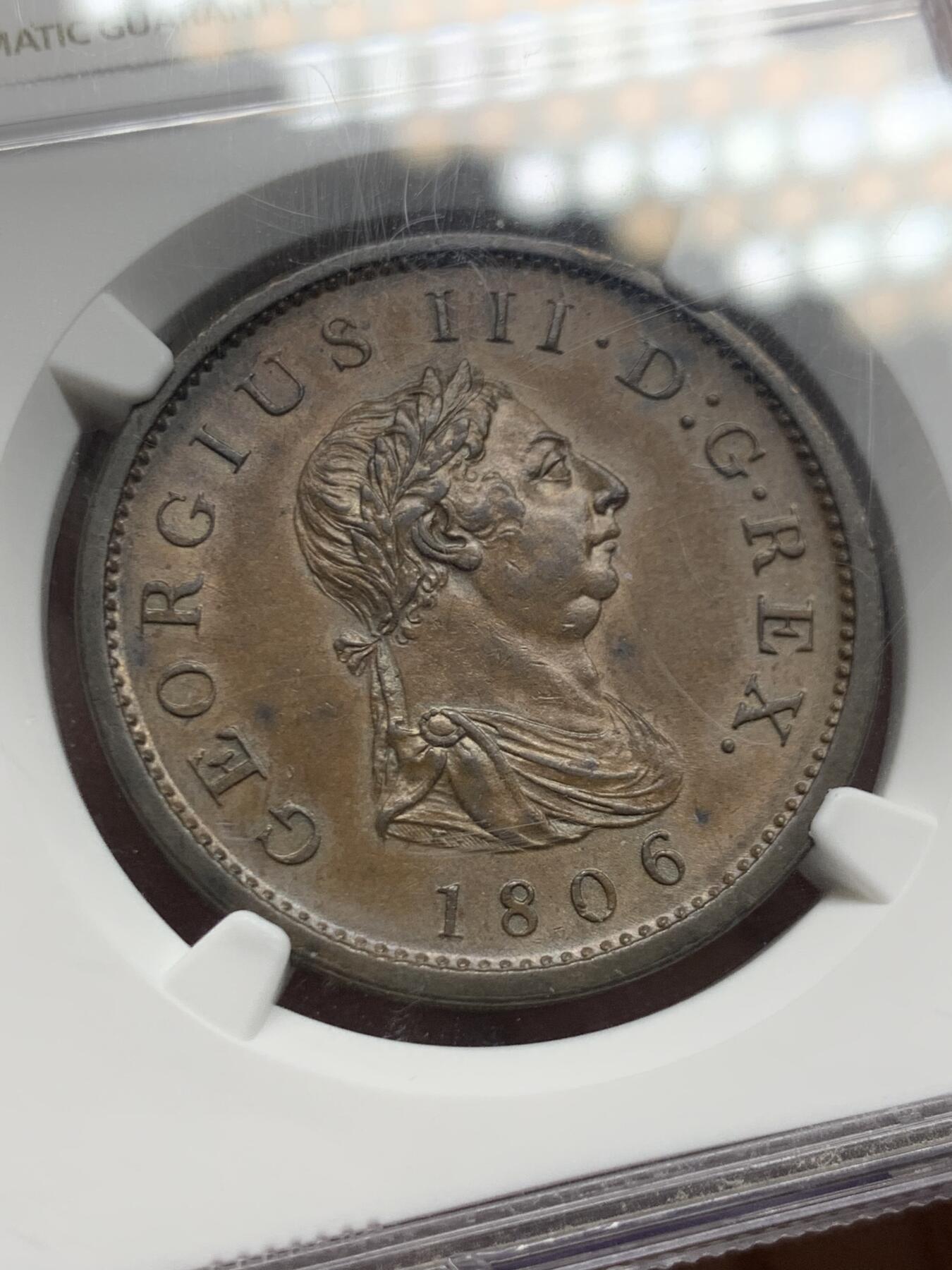 《竞宝斋》第447场 周日，周一，2场连拍 （全场包邮） NGC MS63BN 英国1806乔三1便士大铜，SOHO铸造的经典款，温润厚重的巧克力色光泽，代表了铜币最理想的保存状态。