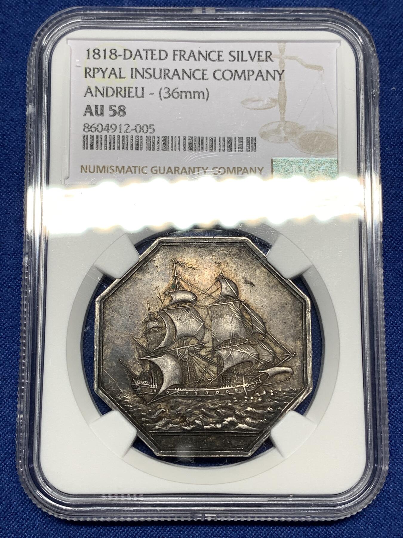 《竞宝斋》第447场 周日，周一，2场连拍 （全场包邮） NGC AU58 法国1818年皇家海运银质大八角代币，少见品种，出分不易