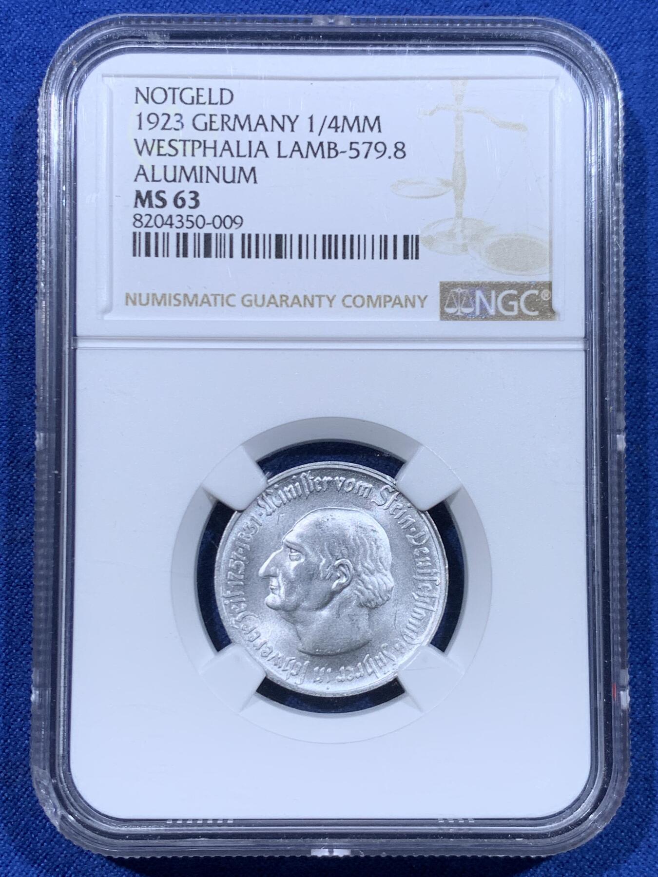 《竞宝斋》第447场 周日，周一，2场连拍 （全场包邮） NGC MS63 德国1923年德紧威斯特法伦马币 25万马克铝币 盒子左下角有磕 细节见图