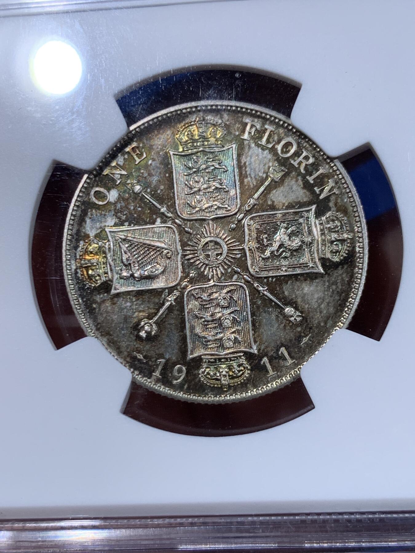 《竞宝斋》第447场 周日，周一，2场连拍 （全场包邮） NGC PF67 英国 1911年 乔治五世精制1弗洛林银币 英系经典品种，镜面效果好，尤其背面，黄绿包浆，少见彩系，非常漂亮