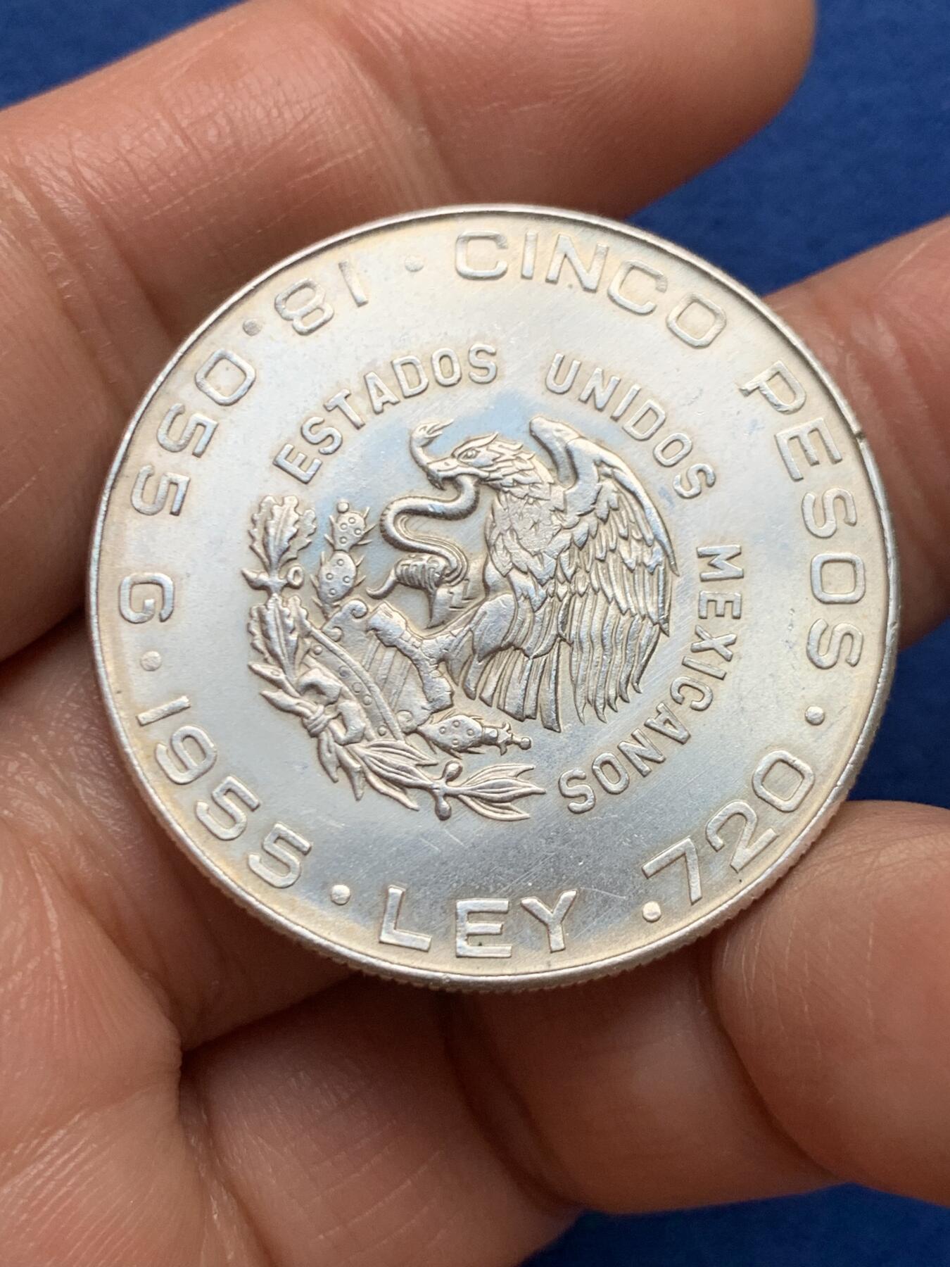 《竞宝斋》第447场 周日，周一，2场连拍 （全场包邮） 墨西哥1955年伊达尔戈5比索银币