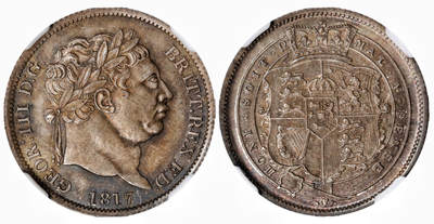 《竞宝斋》第447场 周日，周一，2场连拍 （全场包邮） - NGC MS65 英国1817年乔治三世1先令银币 双面深彩包浆 高点保存得很好