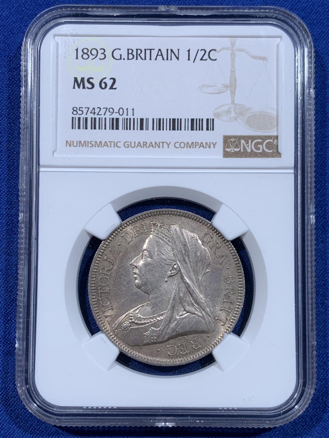 《竞宝斋》第447场 周日，周一，2场连拍 （全场包邮） NGC MS62 英国1893年披纱半克朗银币