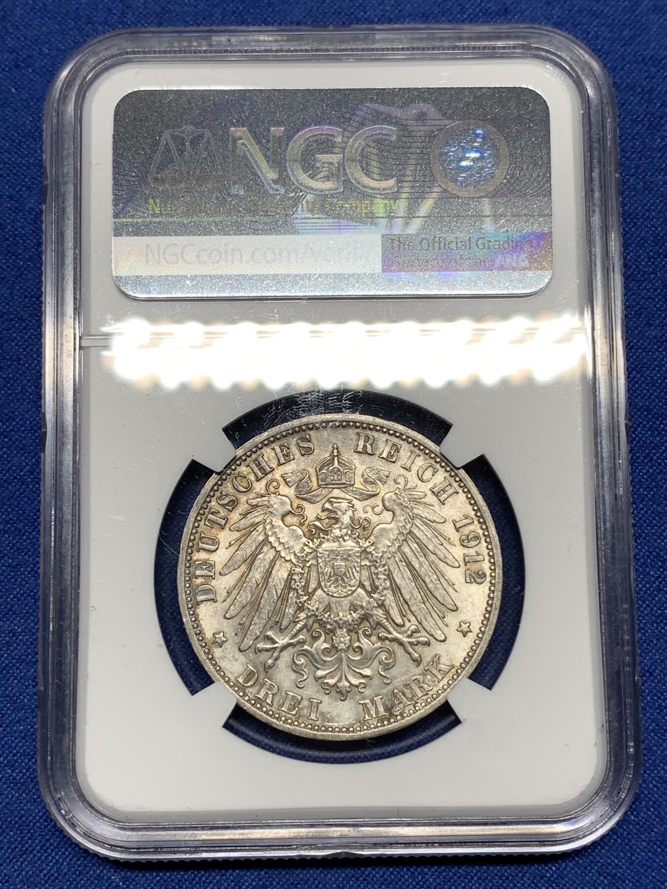 《竞宝斋》第447场 周日，周一，2场连拍 （全场包邮） NGC UNCD 德国1912G巴登弗里德里希二世3马克银币，包浆带彩，少见。