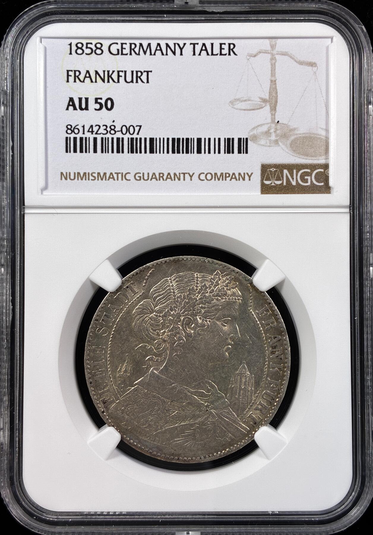 【雨安】【直播拍卖】【世界币章121期-评级币】2025-12-20 周六 19:30 保真 [评级德国] Germany 德国 德意志 1泰勒 Frankfurt法兰克福 Thun.141 KM#0354 (1857-1858) 法兰克福少女.教堂 1858年  NGC-AU50