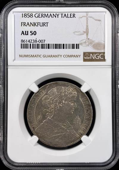 【雨安】【直播拍卖】【世界币章121期-评级币】2025-12-20 周六 19:30 保真 - [评级德国] Germany 德国 德意志 1泰勒 Frankfurt法兰克福 Thun.141 KM#0354 (1857-1858) 法兰克福少女.教堂 1858年  NGC-AU50