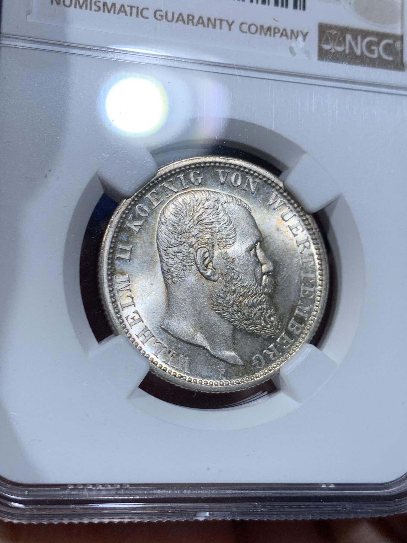 《竞宝斋》第447场 周日，周一，2场连拍 （全场包邮） NGC MS64  德国 1913F 符腾堡威廉二世长翅流通2马克银币 PL底板 转光犀利
