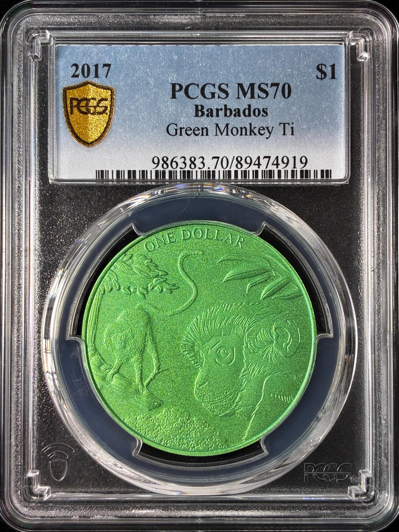 【雨安】【直播拍卖】【世界币章121期-评级币】2025-12-20 周六 19:30 保真 [评级现代] Barbados 巴巴多斯 1元 2017年 绿猴 钛币  PCGS-MS70