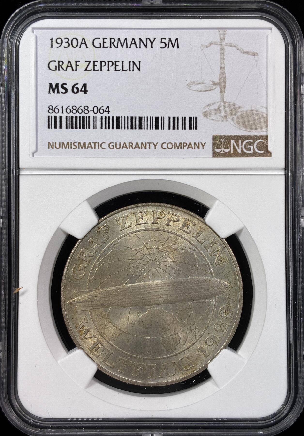 【雨安】【直播拍卖】【世界币章121期-评级币】2025-12-20 周六 19:30 保真 [评级德国] Germany 德国 魏玛 5马克 KM#68 飞艇 1930年  NGC-MS64