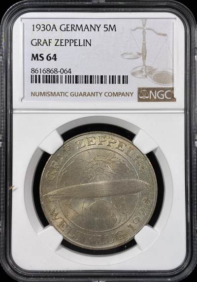 【雨安】【直播拍卖】【世界币章121期-评级币】2025-12-20 周六 19:30 保真 - [评级德国] Germany 德国 魏玛 5马克 KM#68 飞艇 1930年  NGC-MS64