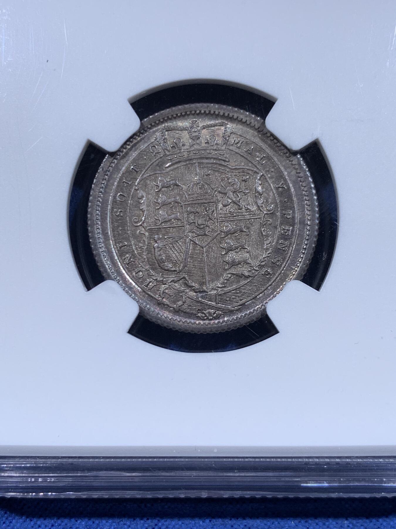 《竞宝斋》第447场 周日，周一，2场连拍 （全场包邮） NGC MS65 英国1817年乔治三世1先令银币 双面深彩包浆 高点保存得很好