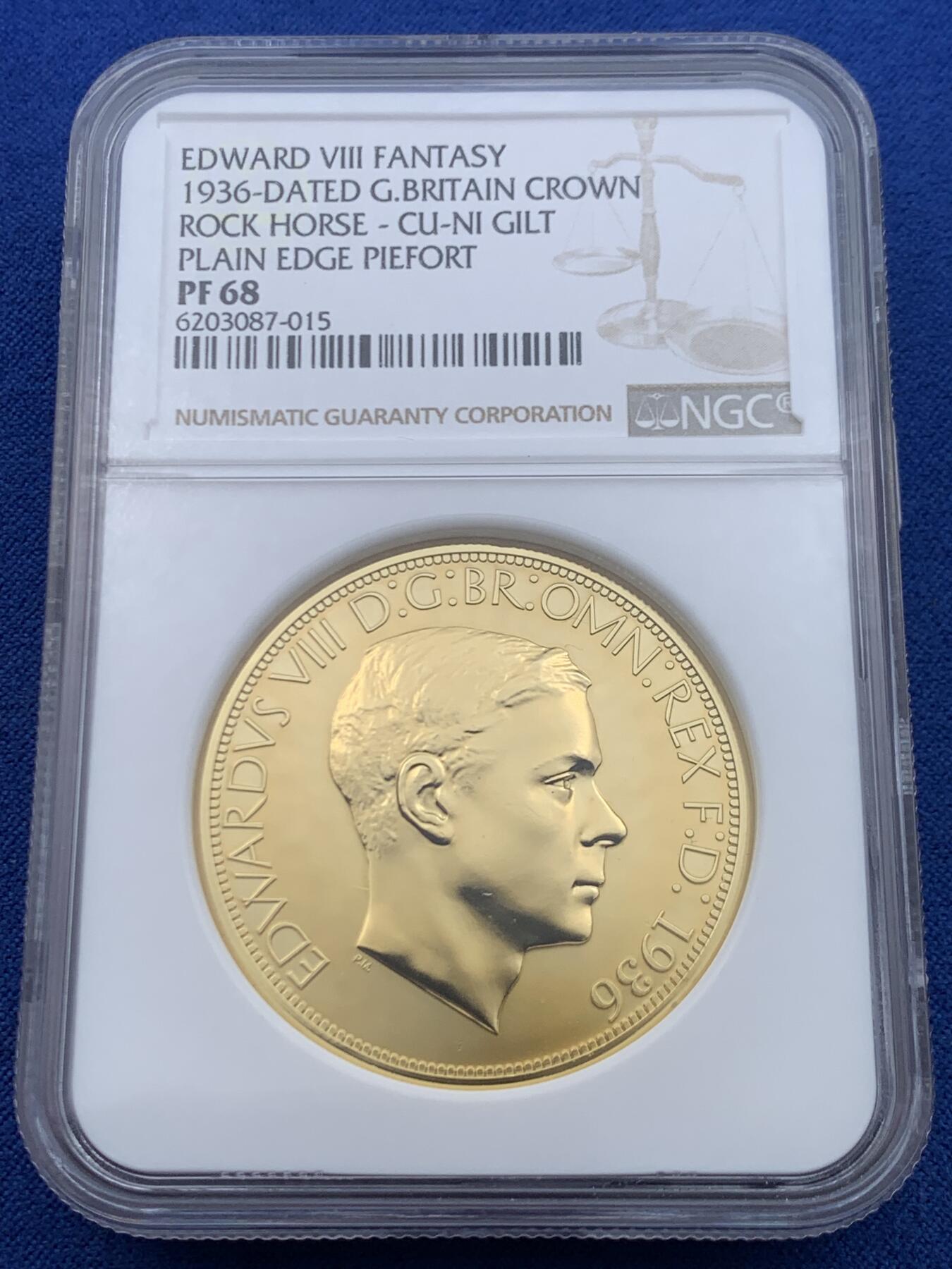《竞宝斋》第447场 周日，周一，2场连拍 （全场包邮） NGC PF68 英国 爱德华八世加冕幻想镀金克朗，爱八官方币玩不起，幻想币还是可以玩玩。加厚盒