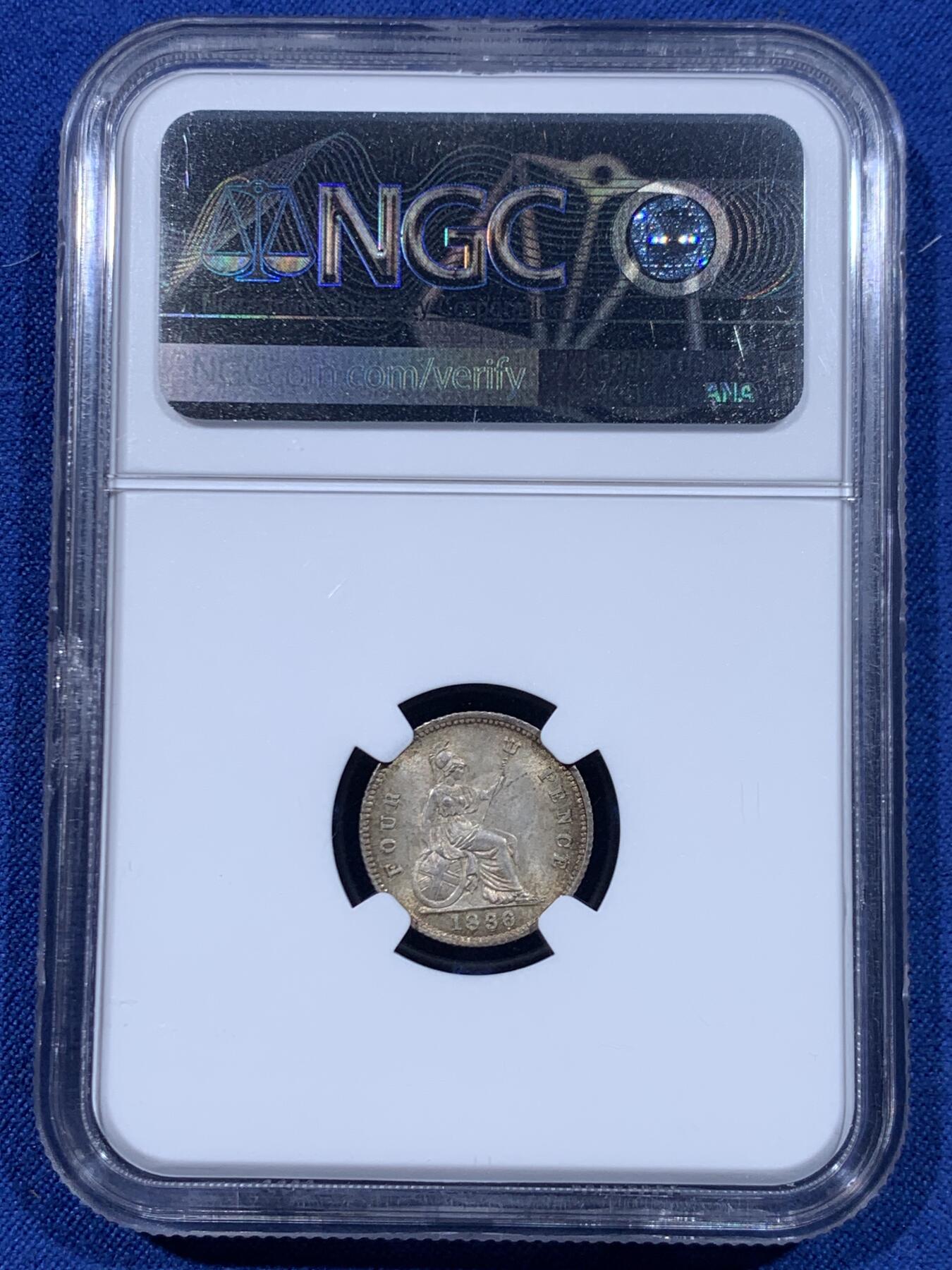 《竞宝斋》第447场 周日，周一，2场连拍 （全场包邮） NGC MS64 英国 1836年 威廉四世 4便士银币 深彩包浆 转光明显