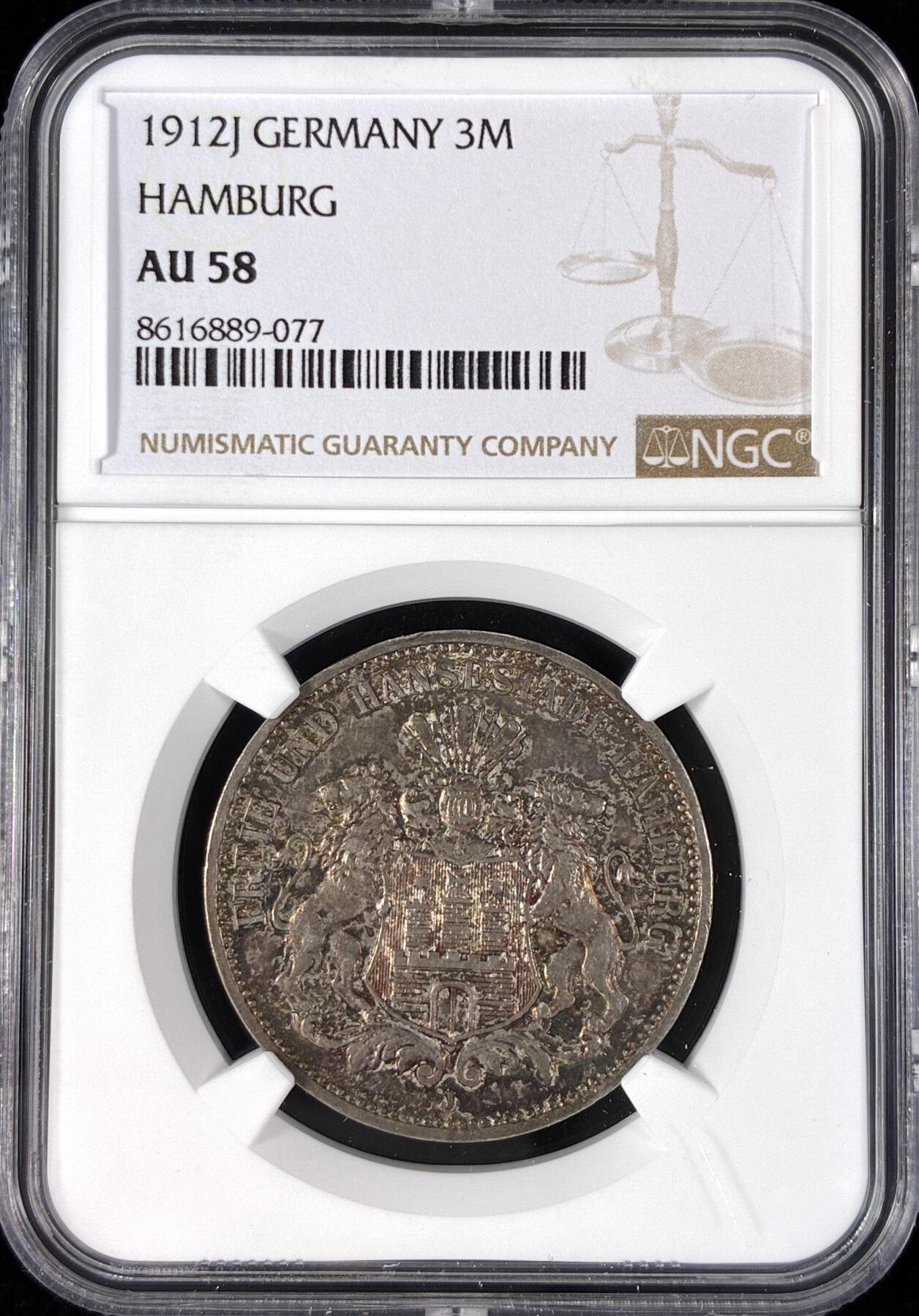 【雨安】【直播拍卖】【世界币章121期-评级币】2025-12-20 周六 19:30 保真 [评级德国] Germany 德国 帝国 汉堡 3马克 1912年  NGC-AU58