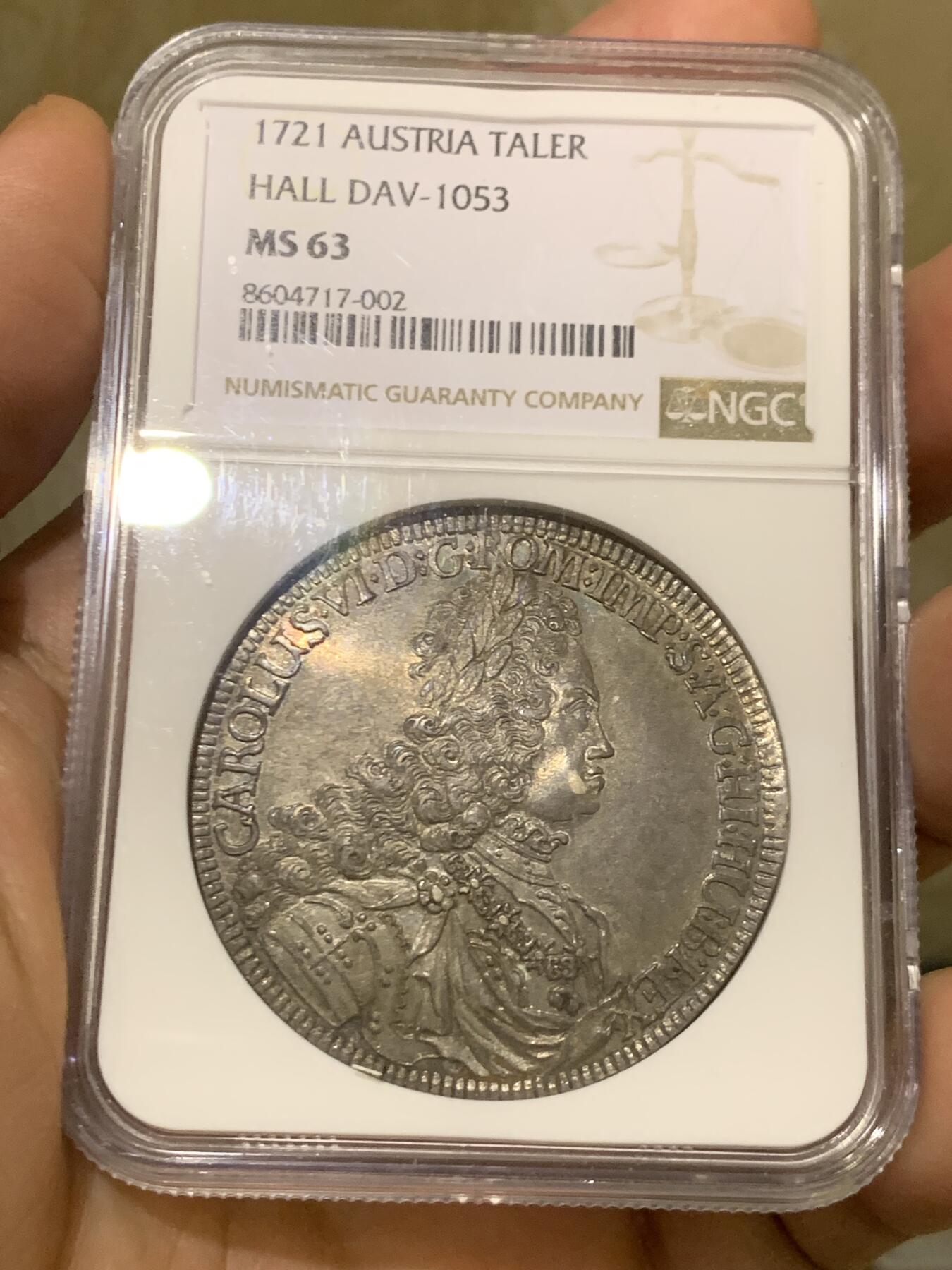 《竞宝斋》第447场 周日，周一，2场连拍 （全场包邮） 亚军分 NGC MS63 神圣罗马帝国 1721年 查理六世 泰勒大银币 原味深包浆 非常舒服的状态