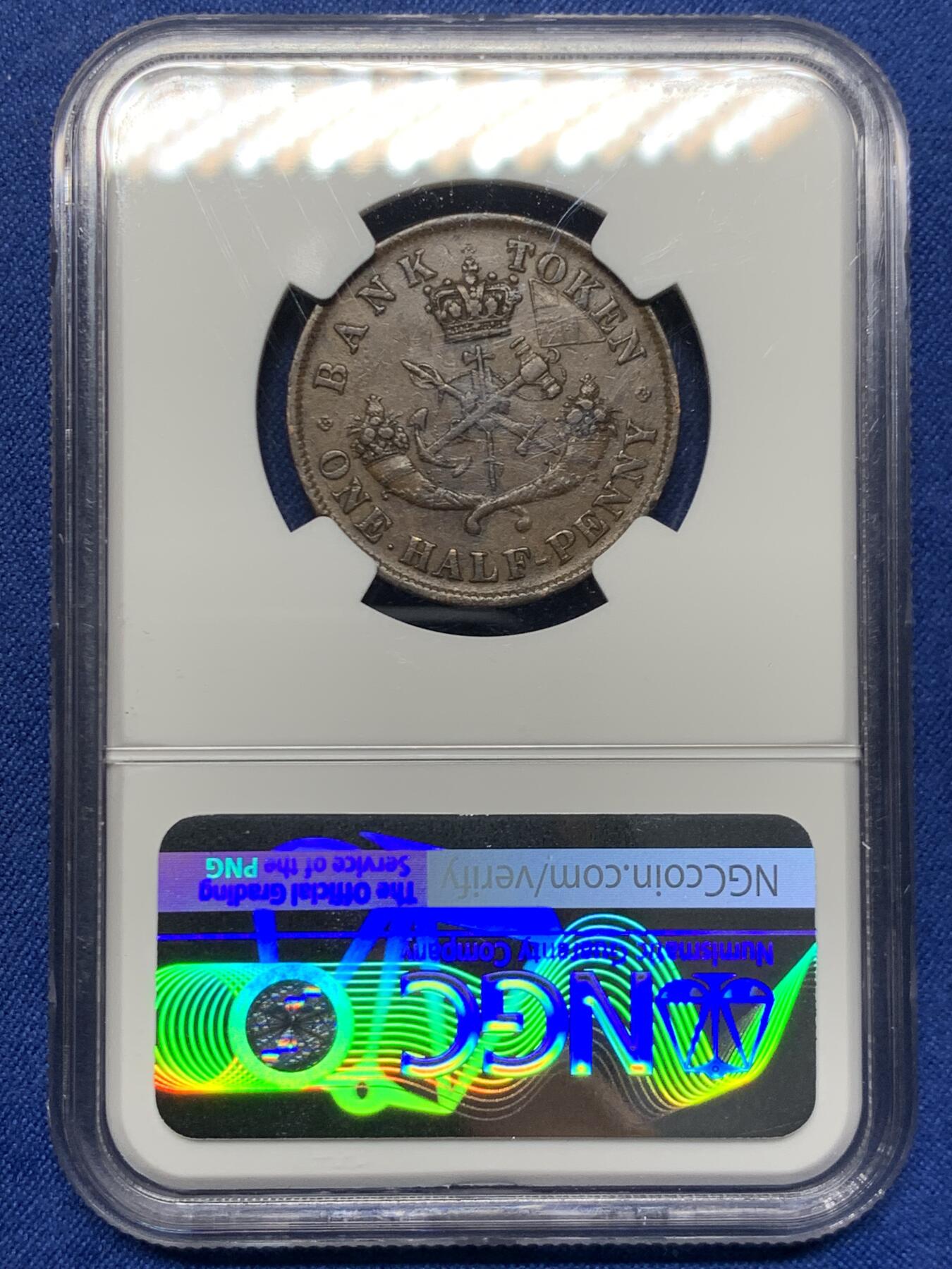 《竞宝斋》第447场 周日，周一，2场连拍 （全场包邮） NGC AU55BN 上加拿大1857半便士银行token，经典马剑设计，这个品种上AU都非常难，铜币爱好者必选