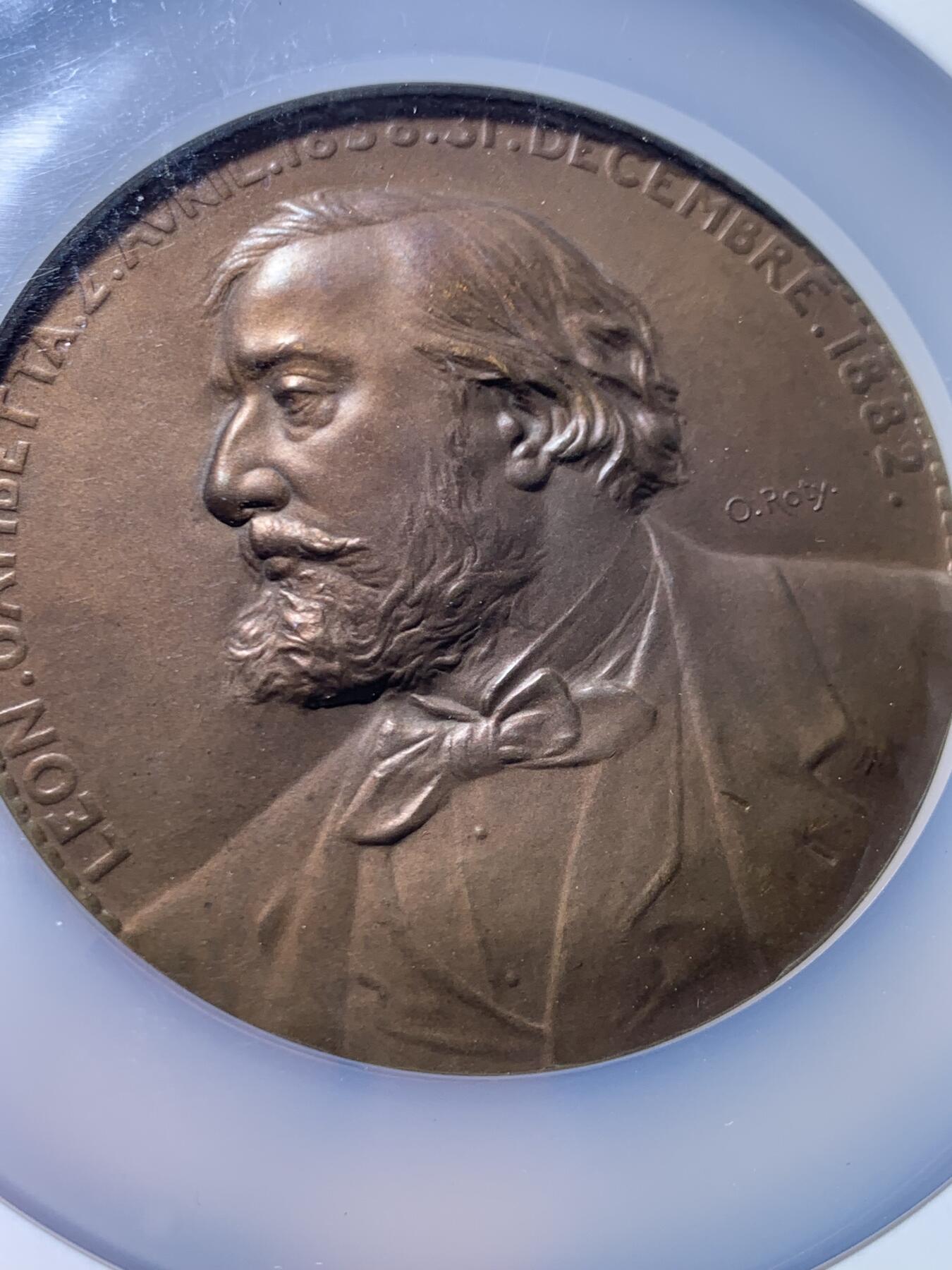 《竞宝斋》第447场 周日，周一，2场连拍 （全场包邮） NGC MS64BN 1882年法国第三共和国众议院议长莱昂•甘必大逝世纪念大铜章 法系罗蒂名家雕刻 69mm 加大加厚盒