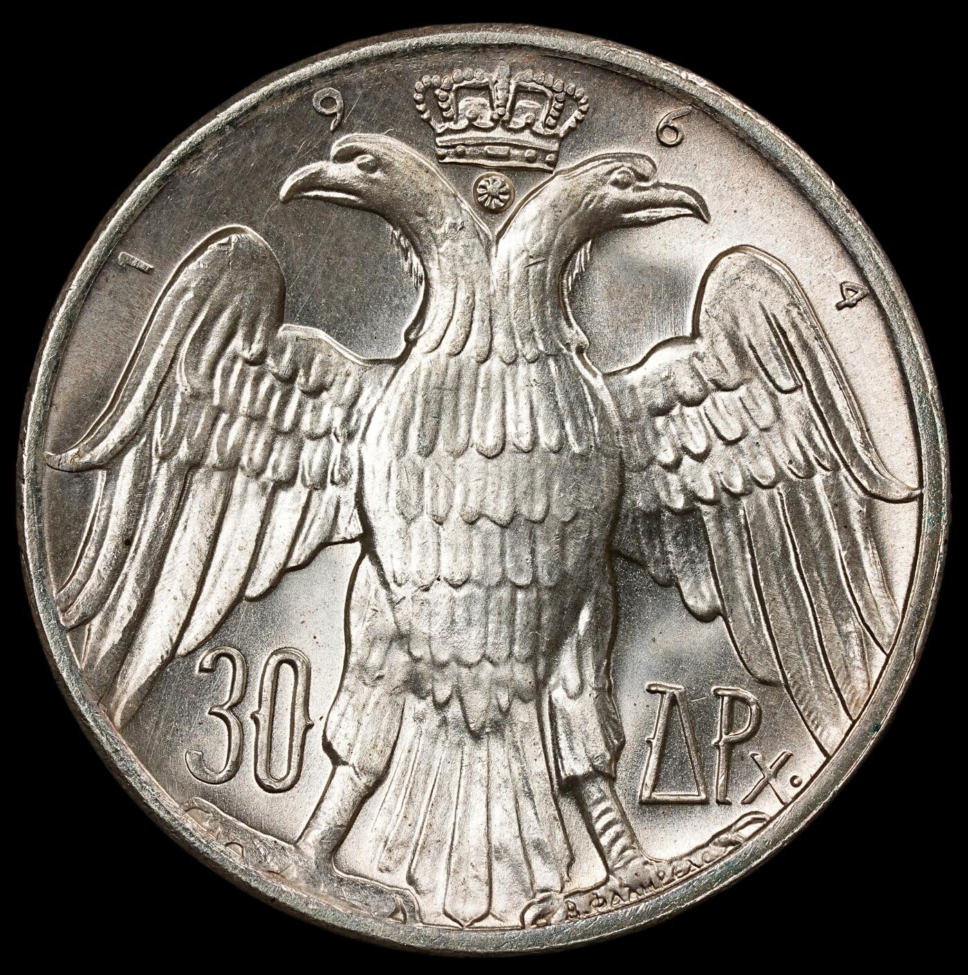 修遠堂世界钱币第九十七期 1964年希腊国王康斯坦丁二世与王后安妮 - 玛丽（丹麦公主）结婚纪念30德拉克马银币 12g，含银83.5% 未流通