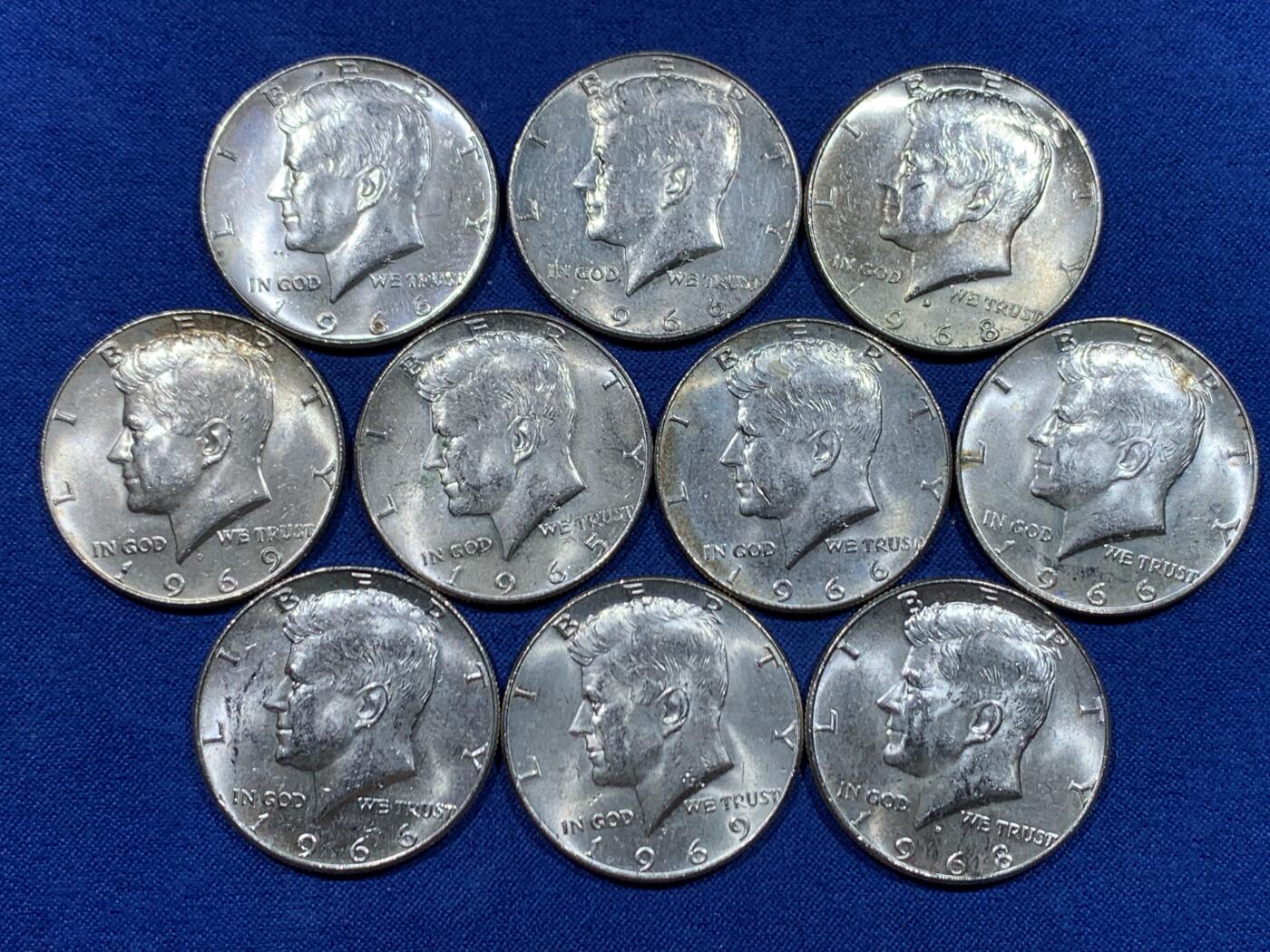 《竞宝斋》第447场 周日，周一，2场连拍 （全场包邮） 10枚一组 美国肯尼迪1965-1969年半美元银币 总重约114.85克