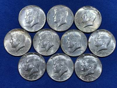 《竞宝斋》第447场 周日，周一，2场连拍 （全场包邮） - 10枚一组 美国肯尼迪1965-1969年半美元银币 总重约114.85克