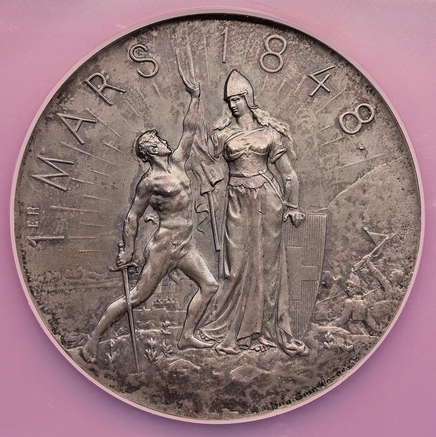 凡希社世界钱币微拍月度大拍（2025/12） 1898瑞士纳沙泰尔共和国成立宣言50周年纪念银章NGC-MS63，曾经是亲普鲁士的一个公国和瑞士联邦的一个州，于1848年3月1日宣布成立共和国。艺术性极佳的瑞士邦国章。