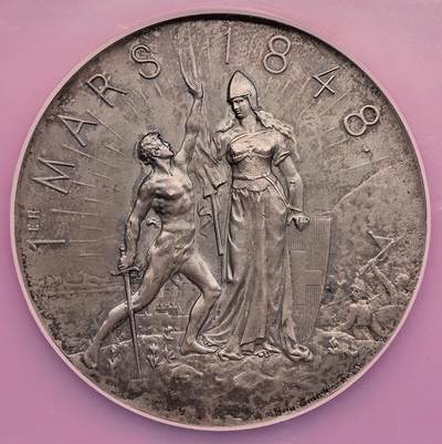 凡希社世界钱币微拍月度大拍（2025/12） - 1898瑞士纳沙泰尔共和国成立宣言50周年纪念银章NGC-MS63，曾经是亲普鲁士的一个公国和瑞士联邦的一个州，于1848年3月1日宣布成立共和国。艺术性极佳的瑞士邦国章。