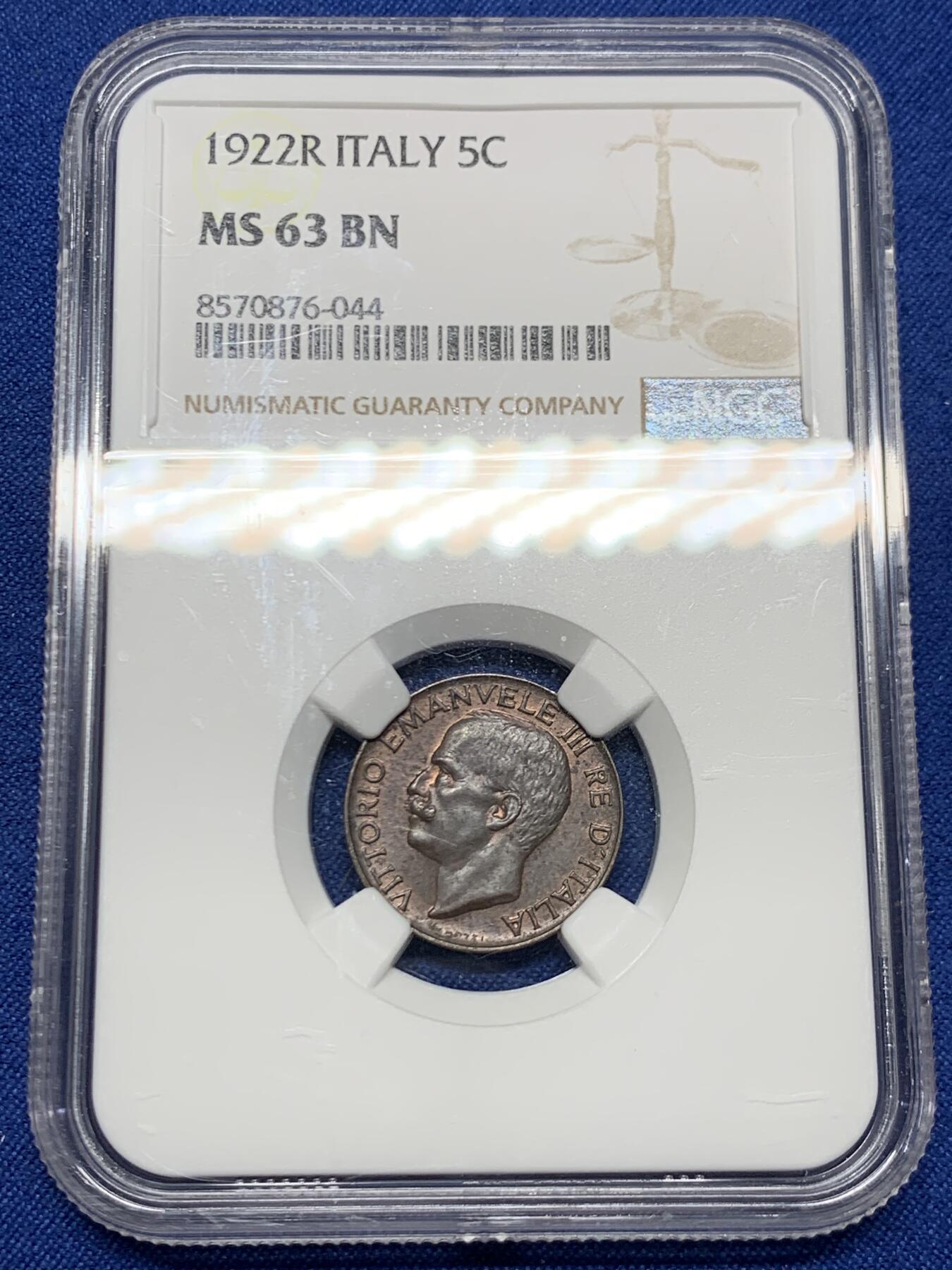 《竞宝斋》第447场 周日，周一，2场连拍 （全场包邮） NGC MS63BN 意大利1922年麦穗五分铜币，意大利经典品种，巧克力包浆十分好看