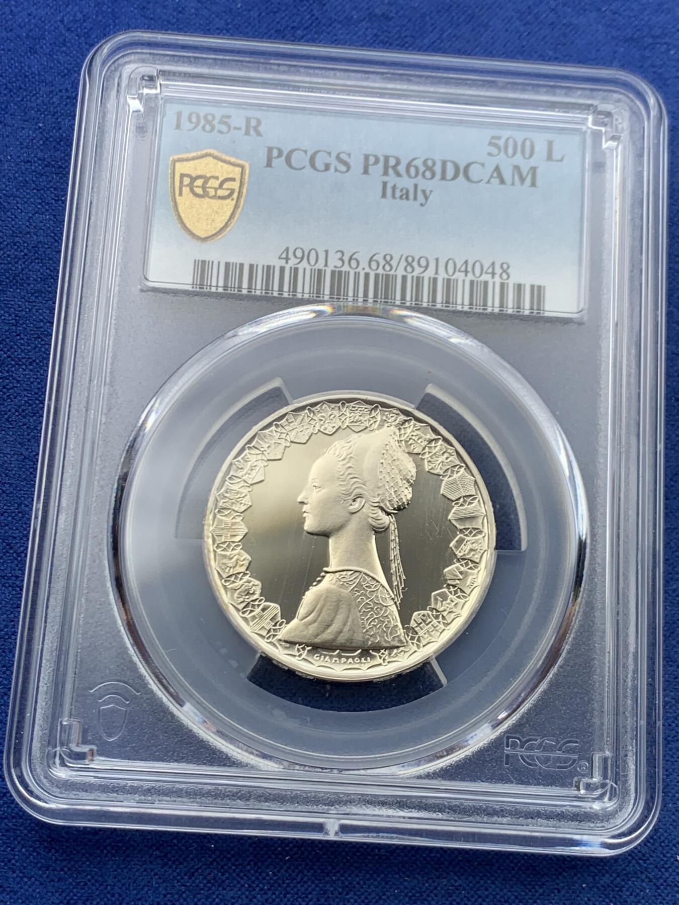 《竞宝斋》第447场 周日，周一，2场连拍 （全场包邮） 亚军分 PCGS PR68DCAM 意大利 1985年 帆船少女 精制500里拉银币 首年发行的精制 镜面光十足