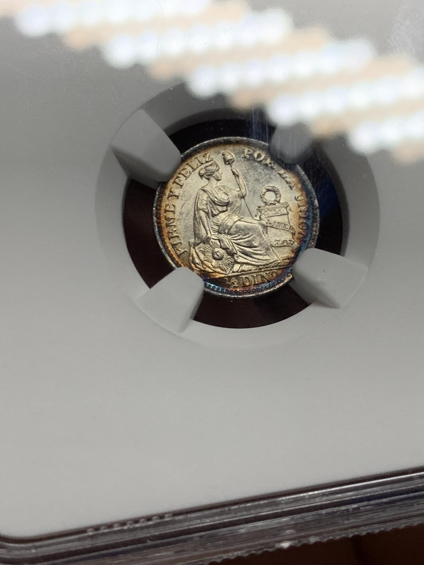 《竞宝斋》第447场 周日，周一，2场连拍 （全场包邮） NGC MS63 秘鲁1911年1/2蒂娜罗银币，早期年份，镜面感加深蓝月牙彩，宝石般的感觉