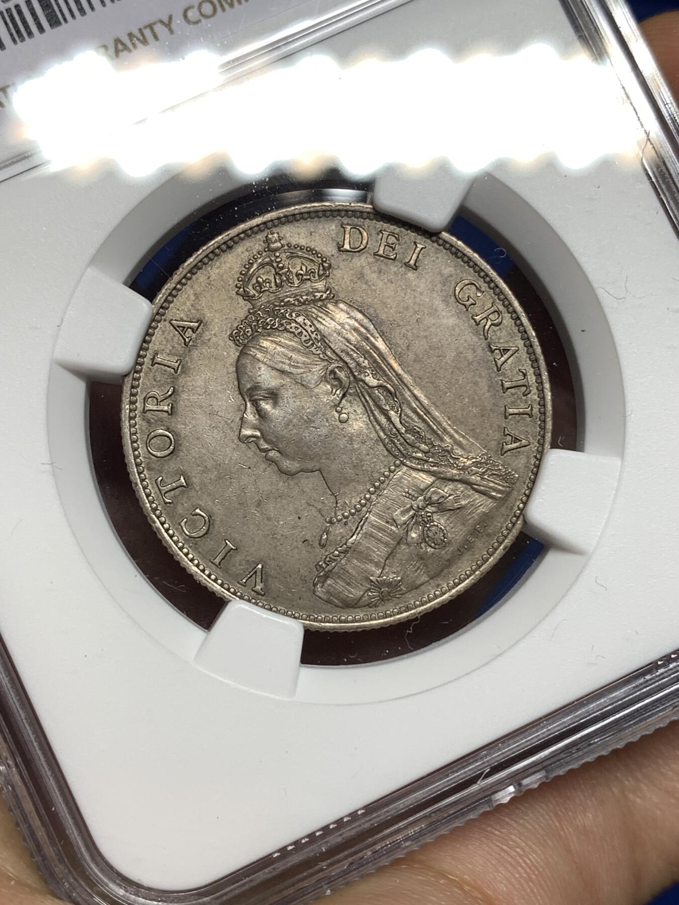 《竞宝斋》第447场 周日，周一，2场连拍 （全场包邮） NGC AU58 英国1887弗洛林银币，经典英伦包浆，略有低评。