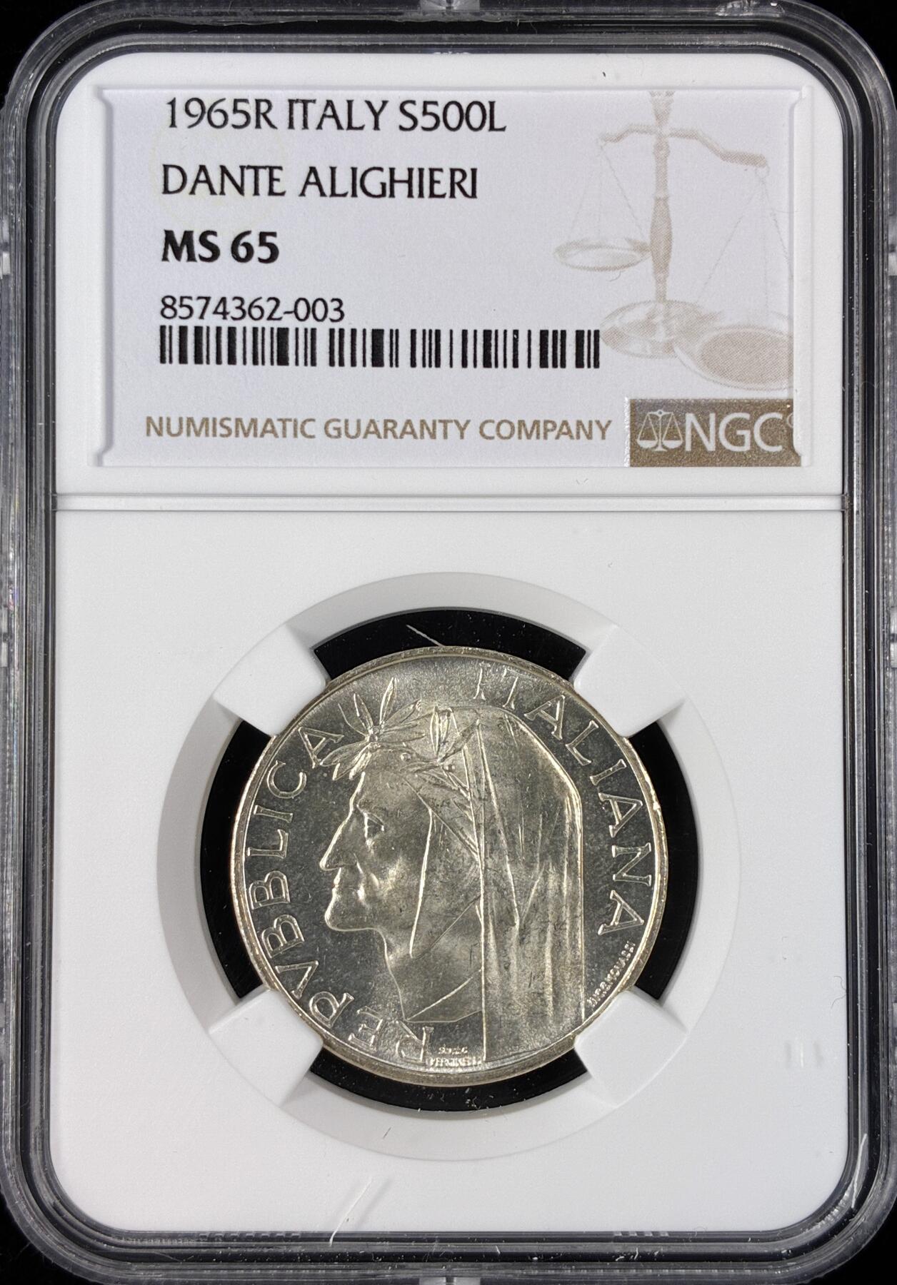 【雨安】【直播拍卖】【世界币章121期-评级币】2025-12-20 周六 19:30 保真 [评级现代] Italy 意大利 500里拉 1965年 意大利语之父但丁·阿利吉耶里  NGC-MS65