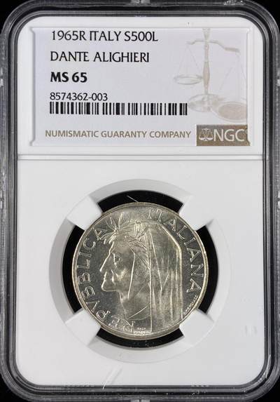【雨安】【直播拍卖】【世界币章121期-评级币】2025-12-20 周六 19:30 保真 - [评级现代] Italy 意大利 500里拉 1965年 意大利语之父但丁·阿利吉耶里  NGC-MS65
