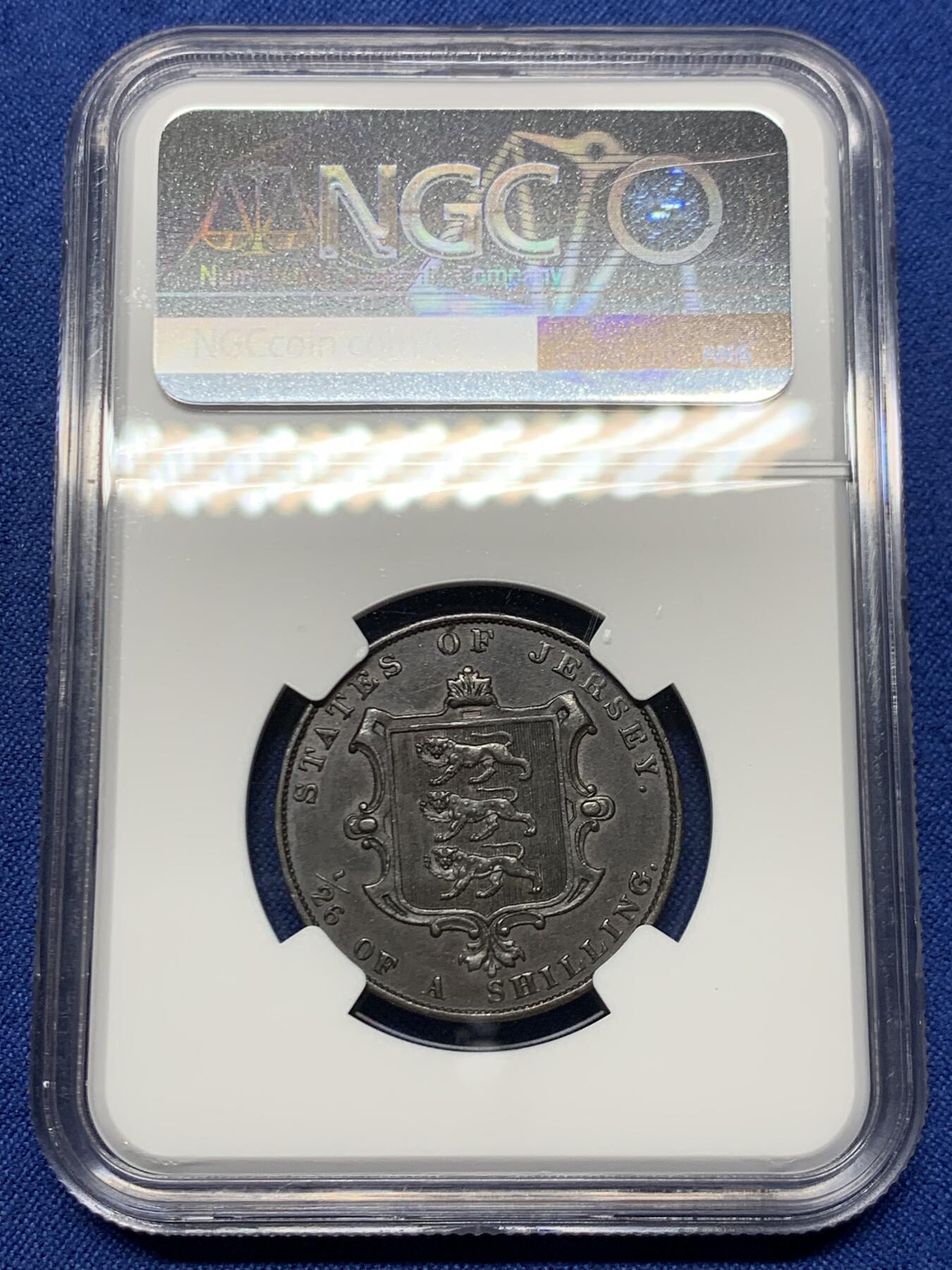 《竞宝斋》第447场 周日，周一，2场连拍 （全场包邮） NGC AU58BN 英属泽西岛1861年1/26先令铜币，后期小维头像，细节良好，巧克力包浆