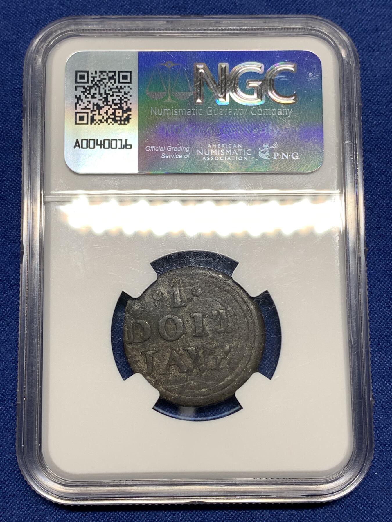 《竞宝斋》第447场 周日，周一，2场连拍 （全场包邮） NGC VFD Java（印度尼西亚国家）1813年1DUIT锡币