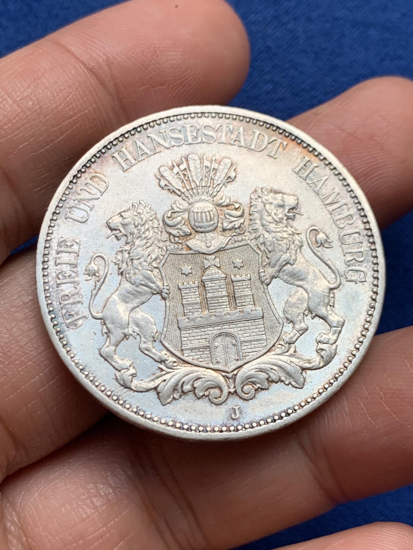 《竞宝斋》第447场 周日，周一，2场连拍 （全场包邮） 德国 1913J 双狮5马克银币 全鬃毛高点清晰 尚有转光 细节见图