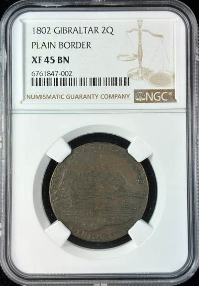 【雨安】【直播拍卖】【世界币章121期-评级币】2025-12-20 周六 19:30 保真 - [评级欧洲] Gibraltar 直布罗陀 2Quart 1802年  NGC-XF45